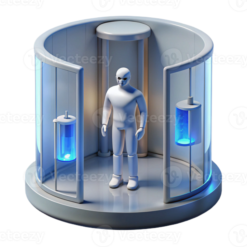 stunning modern A futuristic prison cell containing a lone prisoner bathed in a stark white light. Lighting harsh, sterile. Style dystopian authentic png