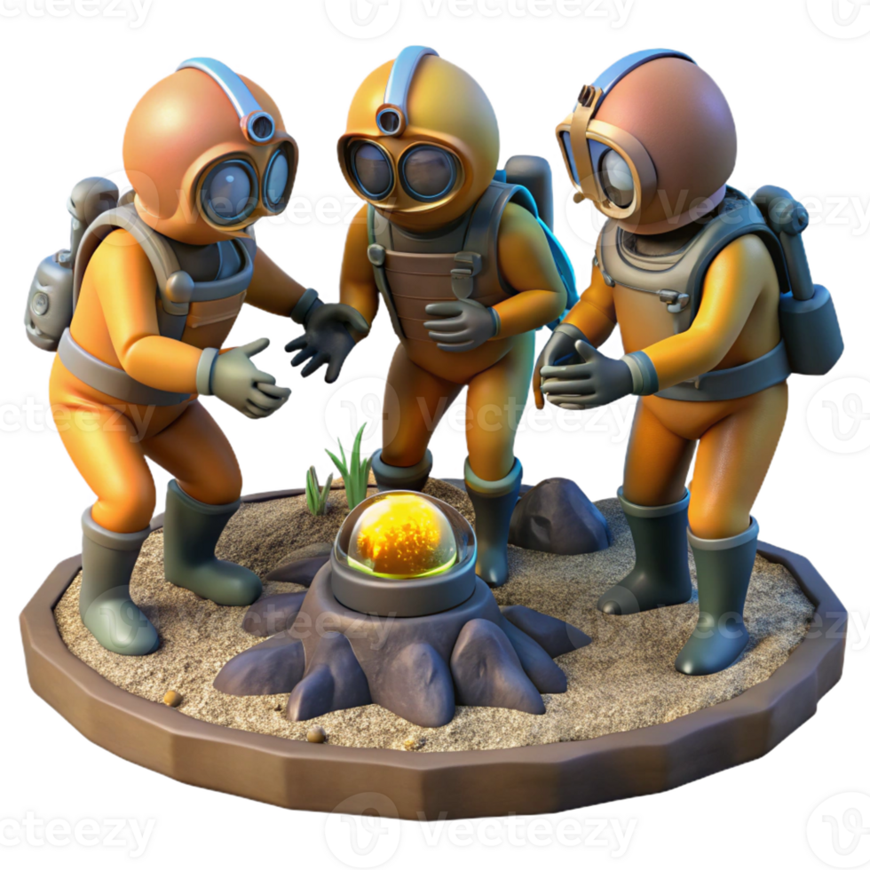 beautiful modern A group of explorers in advanced diving suits discovering an ancient alien artifact on the ocean floor. Lighting underwater, mysterious. Style photorealistic high quality png