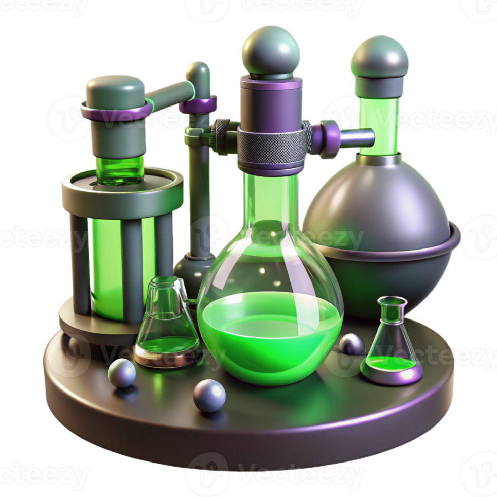 stunning contemporary A futuristic laboratory filled with bubbling chemicals and strange scientific equipment. Lighting eerie, green. Style mad scientist professional png
