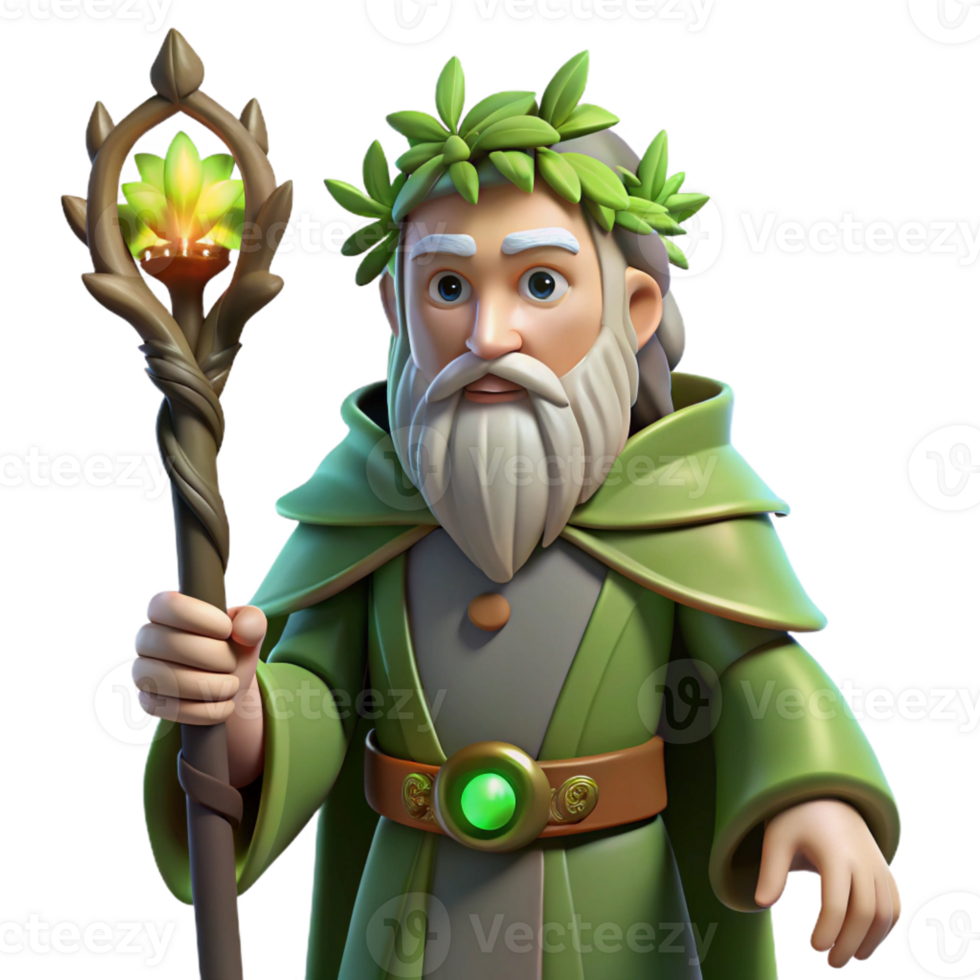 A wise druid, adorned with oak leaves and mistletoe, holding a staff carved from a living branch, lit by the soft green light of the forest. Celtic mythology, Pre-Raphaelite style png