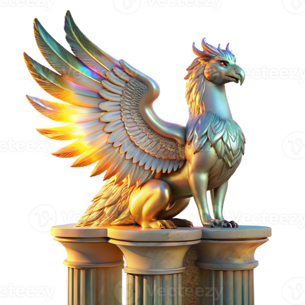 A majestic griffin with iridescent feathers, perched atop a crumbling marble pillar, bathed in the golden light of a setting sun. Intricate details on the feathers and pillar, Art Nouveau style png