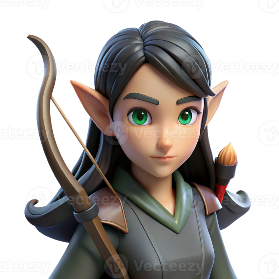 A graceful elf with pointed ears and long, flowing black hair, wielding a bow and arrow made of polished wood. The elf's eyes glow with an inner light. Fantasy art style, soft lighting png