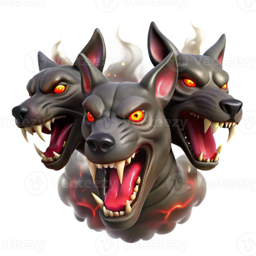 wonderful abstract A three-headed Cerberus, each head snarling, with glowing red eyes, surrounded by swirling, dark smoke. Art style Dark Fantasy high quality png