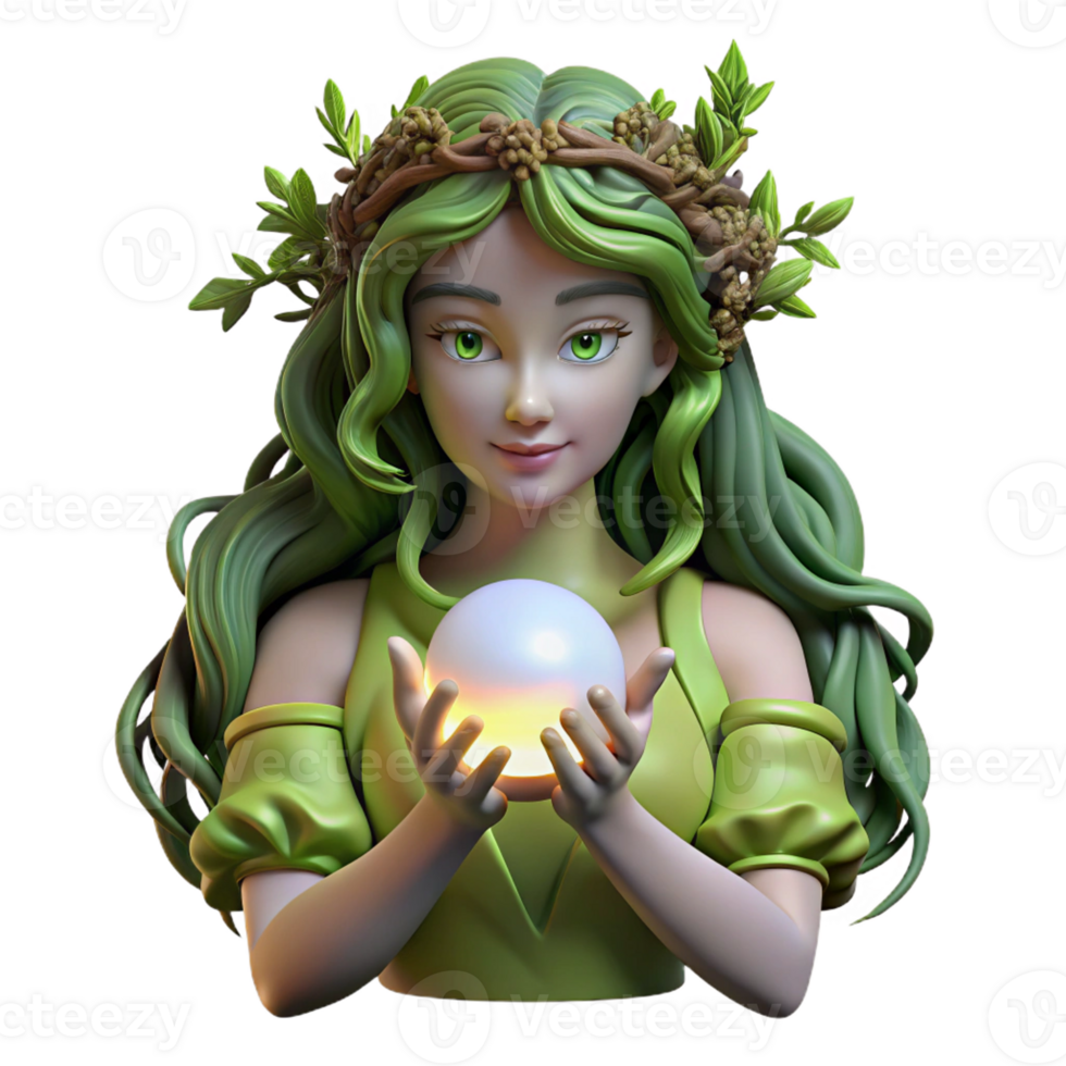 wonderful modern A serene dryad, adorned with moss and vines, gently cradling a glowing orb of light in her hands. Art style Art Nouveau high resolution png