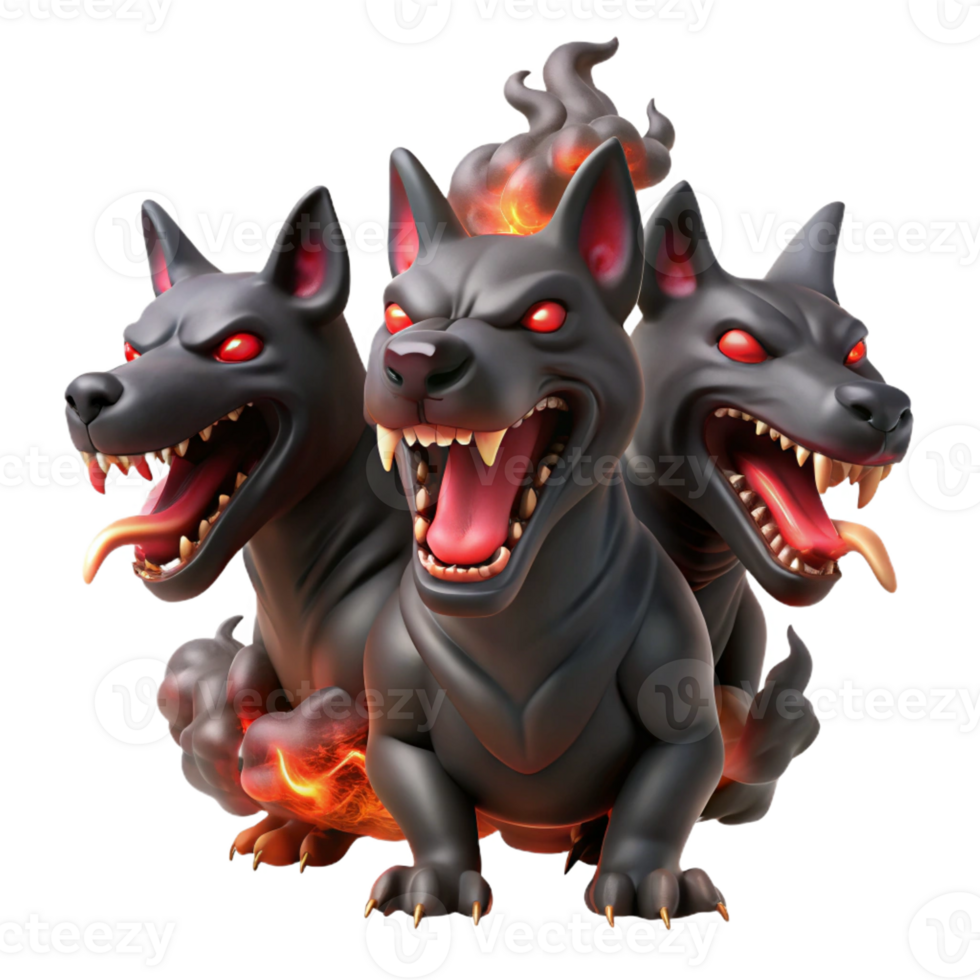 serene creative A three-headed Cerberus, each head snarling, with glowing red eyes, surrounded by swirling, dark smoke. Art style Dark Fantasy detailed png
