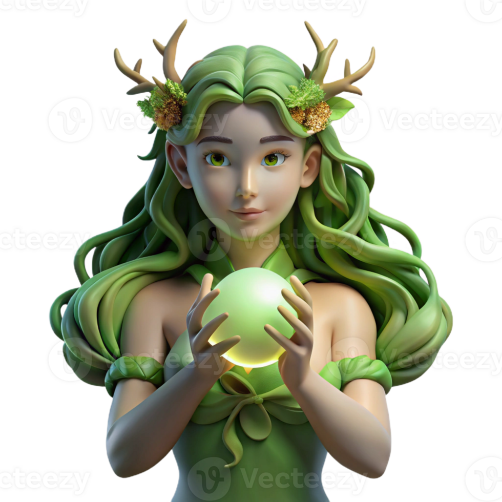 impressive classic A serene dryad, adorned with moss and vines, gently cradling a glowing orb of light in her hands. Art style Art Nouveau exclusive png
