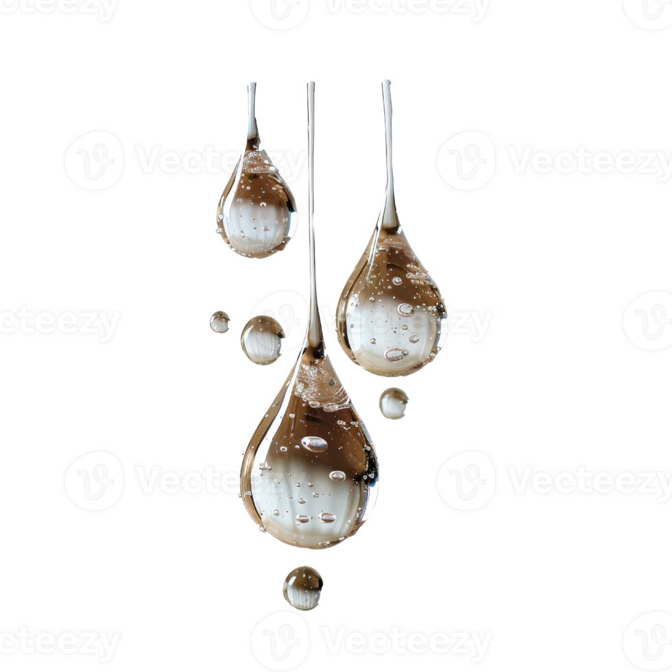Elegant droplets of liquid with air bubbles suspended in charming formation against a bright background png