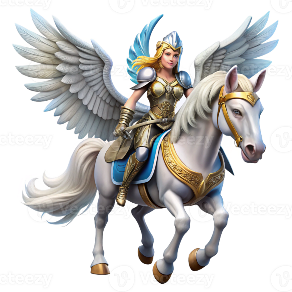 dramatic creative A beautiful Valkyrie, with winged helmet and gleaming armor, riding a majestic white pegasus. Art style Fantasy Art exclusive png