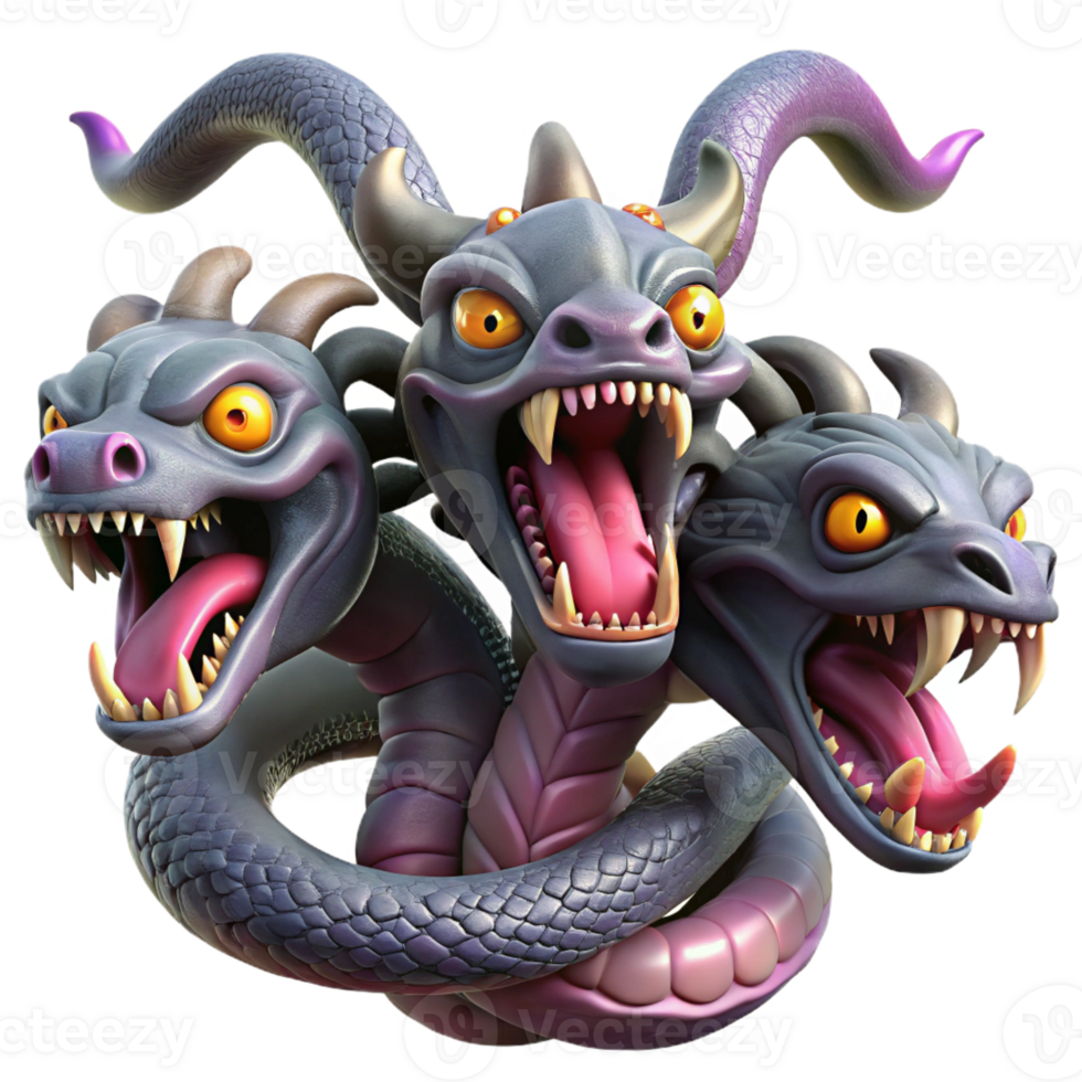 elegant creative A fearsome hydra, with multiple serpentine heads, spitting venom under a blood-red sky. Art style Surrealism authentic png