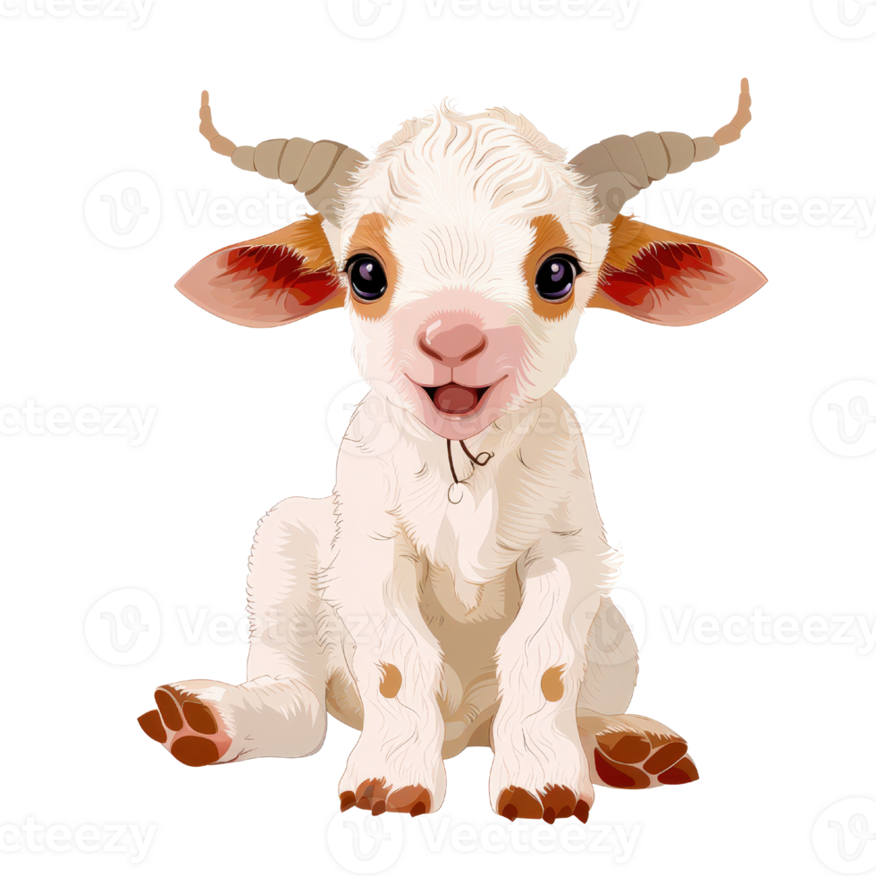 Cute Baby Goat Sitting Cheerfully with Big Eyes and Playful Expression on a White Background png