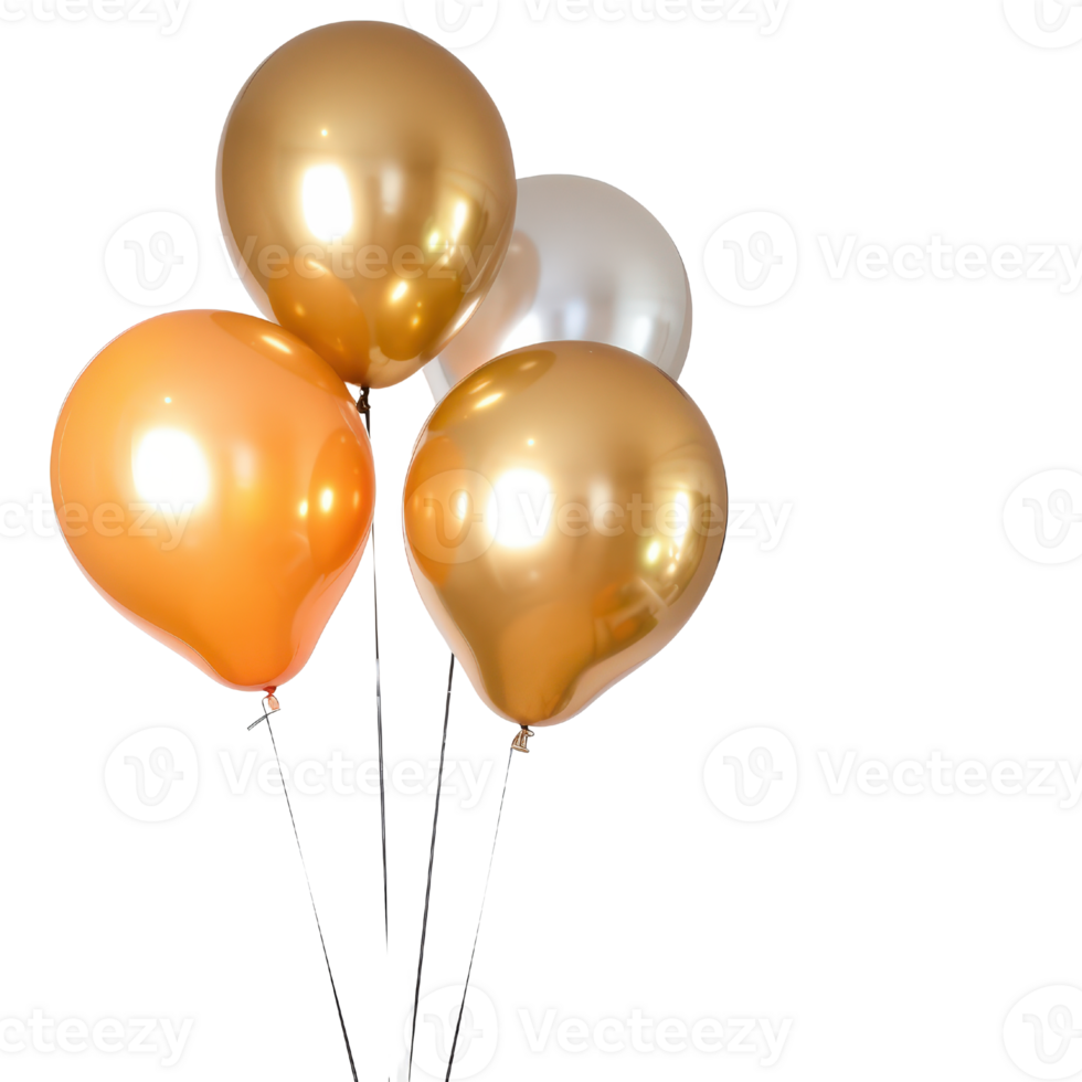 Colorful balloons in shades of gold, orange, and silver for festive occasions and celebrations captured against a white background png