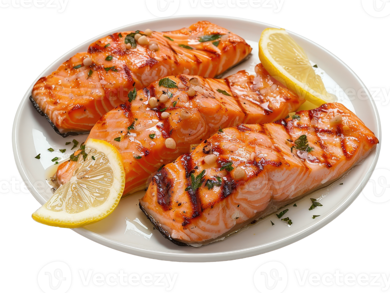 Fresh Grilled Salmon Fillet with Lemon Wedges and Herbs on White Plate Ready for Gourmet Meal Presentation png