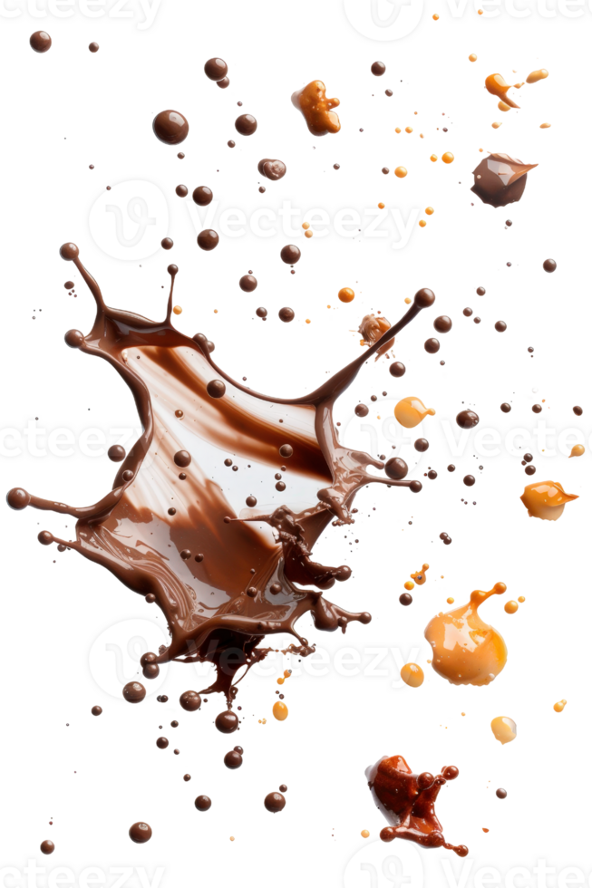 Dynamic Splash of Rich Chocolate and Caramel with Glorious Droplets Captured in Motion Against a Black Background png
