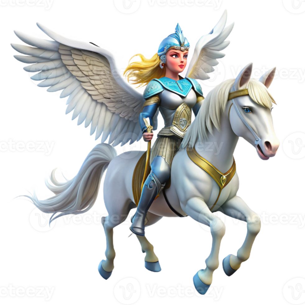 wonderful modern A beautiful Valkyrie, with winged helmet and gleaming armor, riding a majestic white pegasus. Art style Fantasy Art professional png