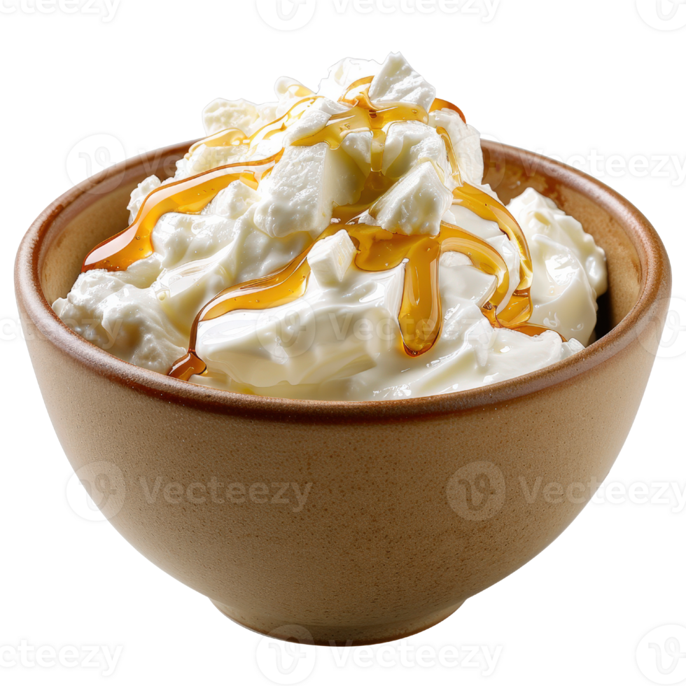 Fresh cottage cheese topped with golden honey drizzle in a rustic bowl on a white background for healthy eating ideas png