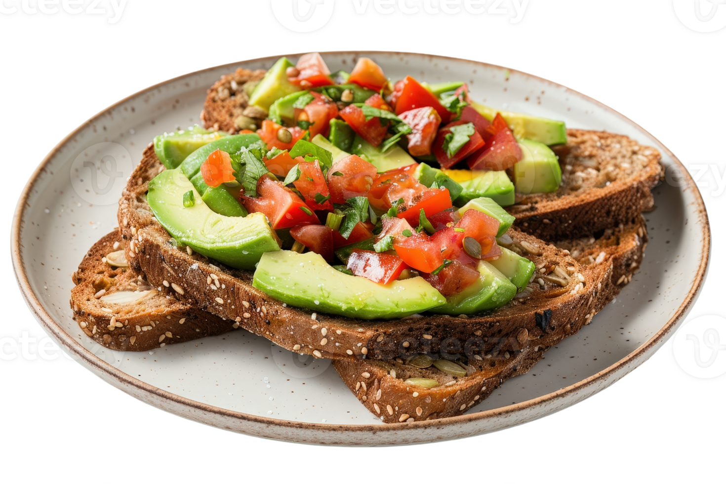 Fresh Avocado Toast with Tomato and Cilantro on Whole Grain Bread Served on a Rustic Plate png