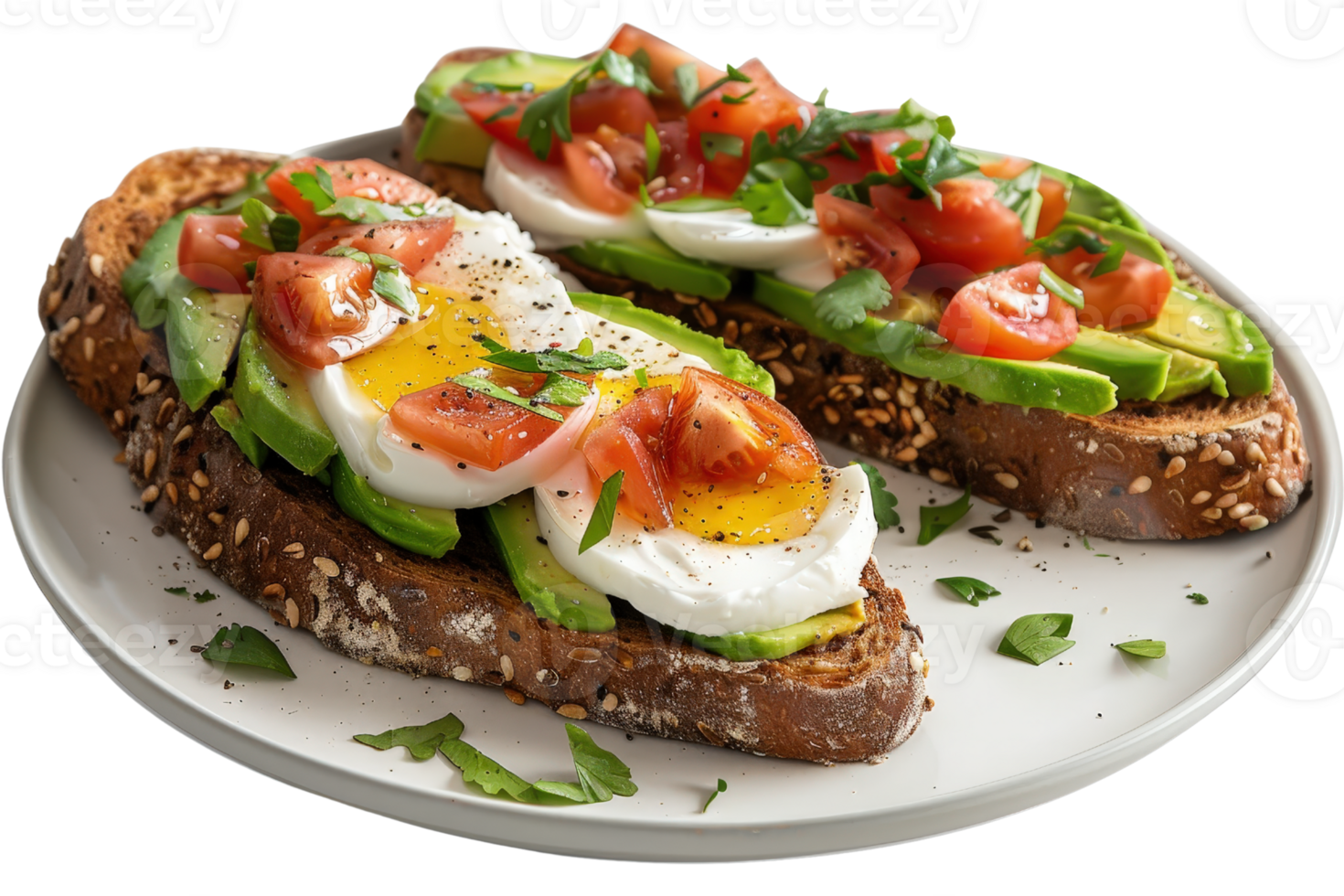 Delicious Avocado Toast with Poached Eggs and Fresh Vegetables on a Rustic Plate png