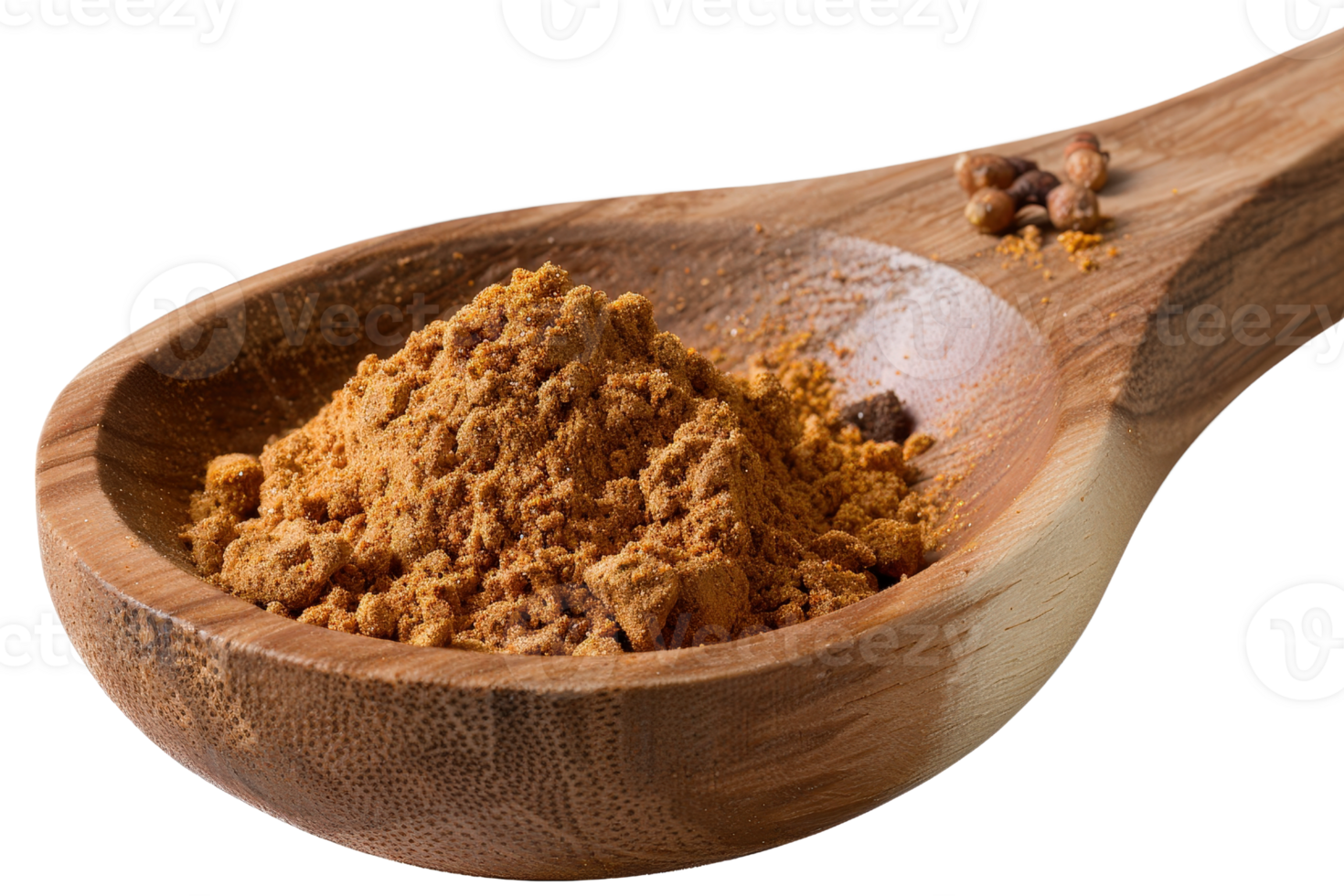 Ground spice powder in wooden spoon with scattered seeds, close-up view showcasing rich texture and earthy color tones png