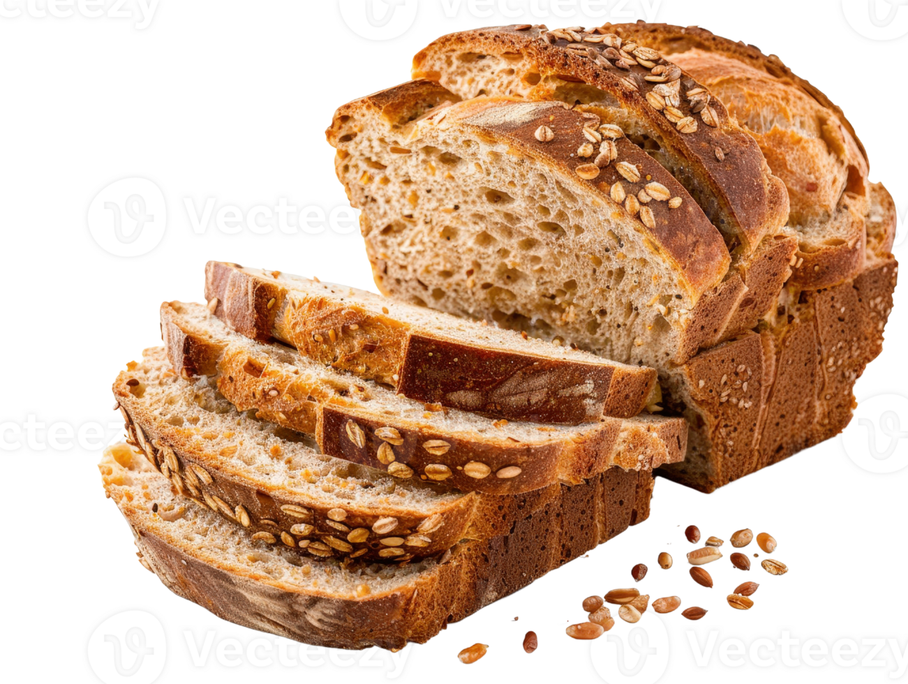 Freshly Baked Sliced Whole Grain Bread with Seeds on Isolated White Background png