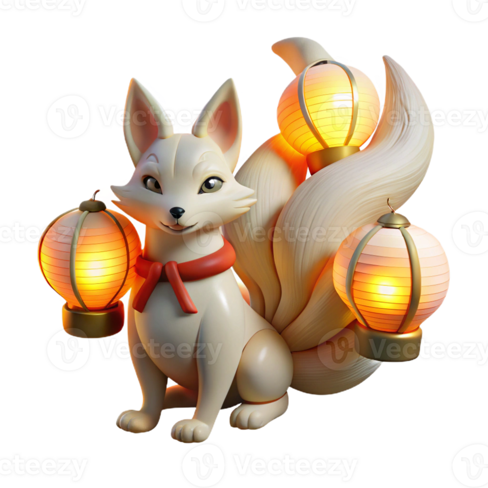 beautiful classic A cunning Kitsune, with nine flowing tails, illuminated by the soft glow of paper lanterns. Art style Japanese Woodblock Print genuine png