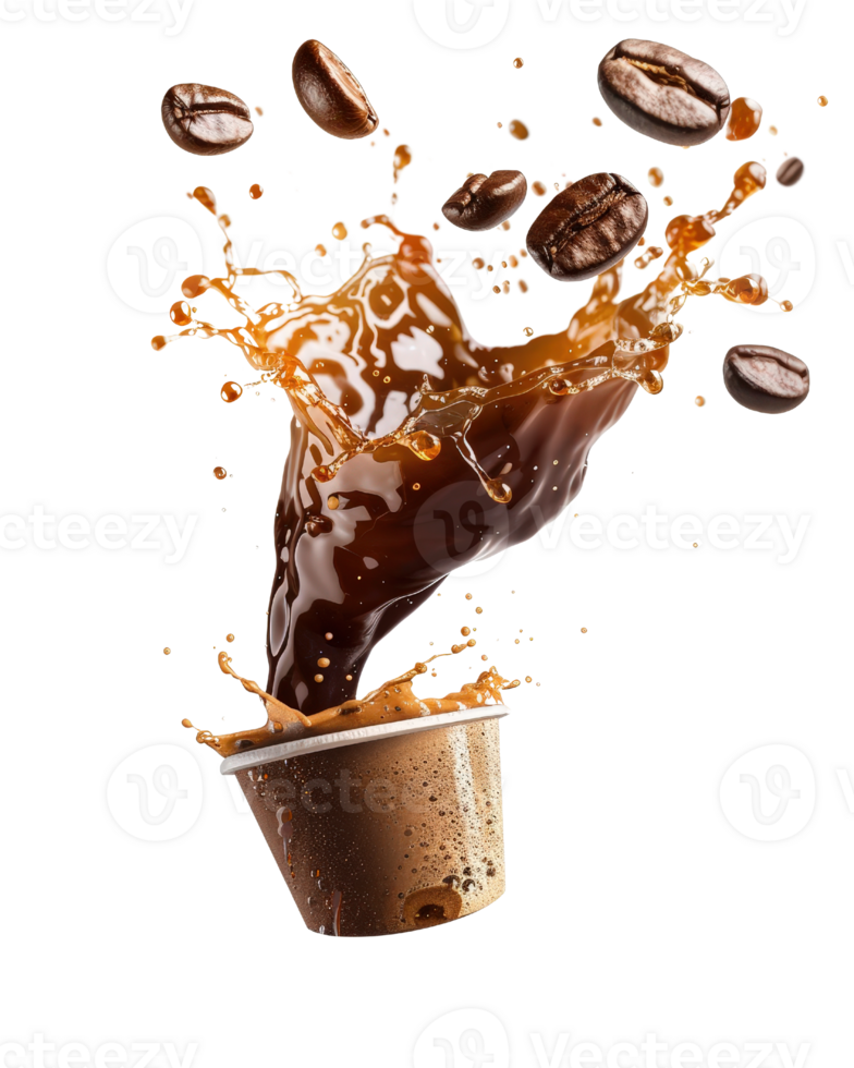 Dynamic Splash of Coffee with Caffeine Beans in Motion Captured on a Dark Background png