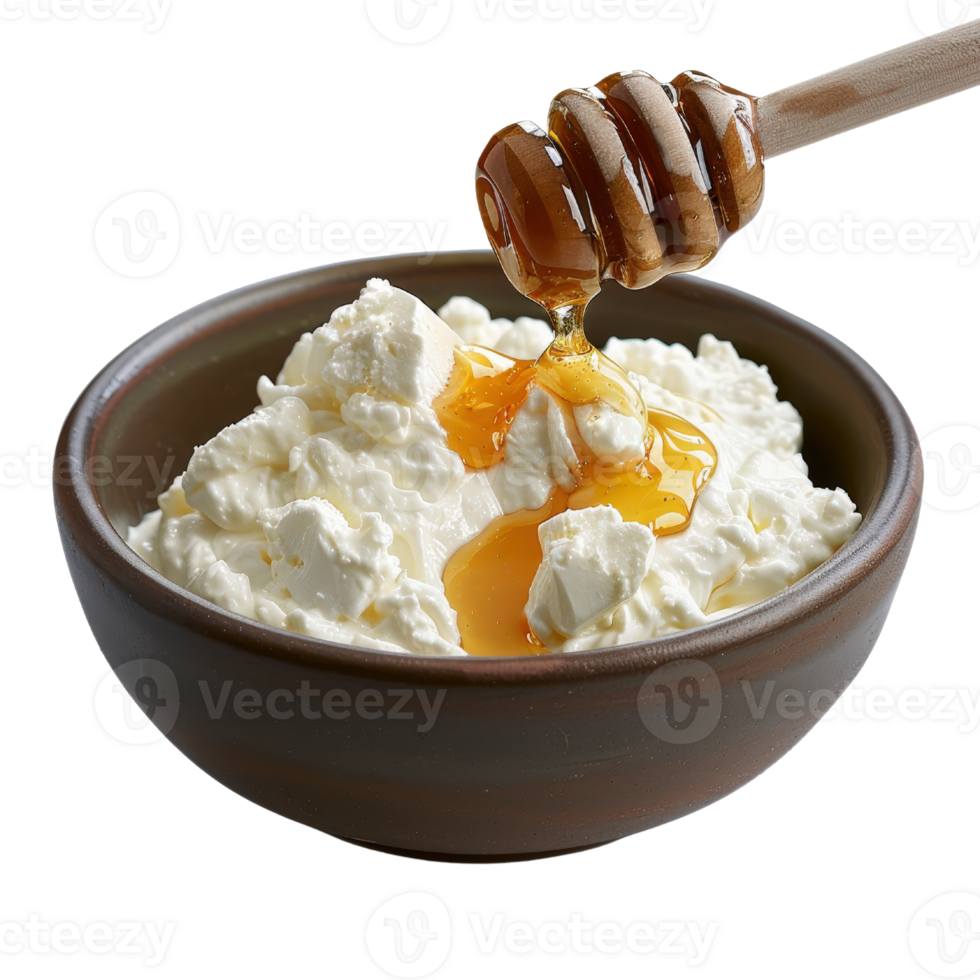 Fresh Cottage Cheese with Drizzle of Honey in Rustic Bowl on White Background for Healthy Food Themes png