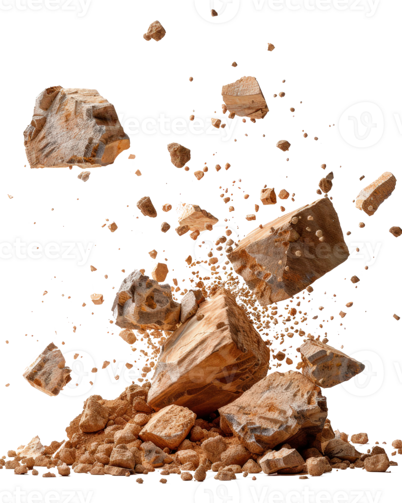 Dynamic Explosion of Rocks and Dust Particles in Isolated Background for Natural Environment Concepts png