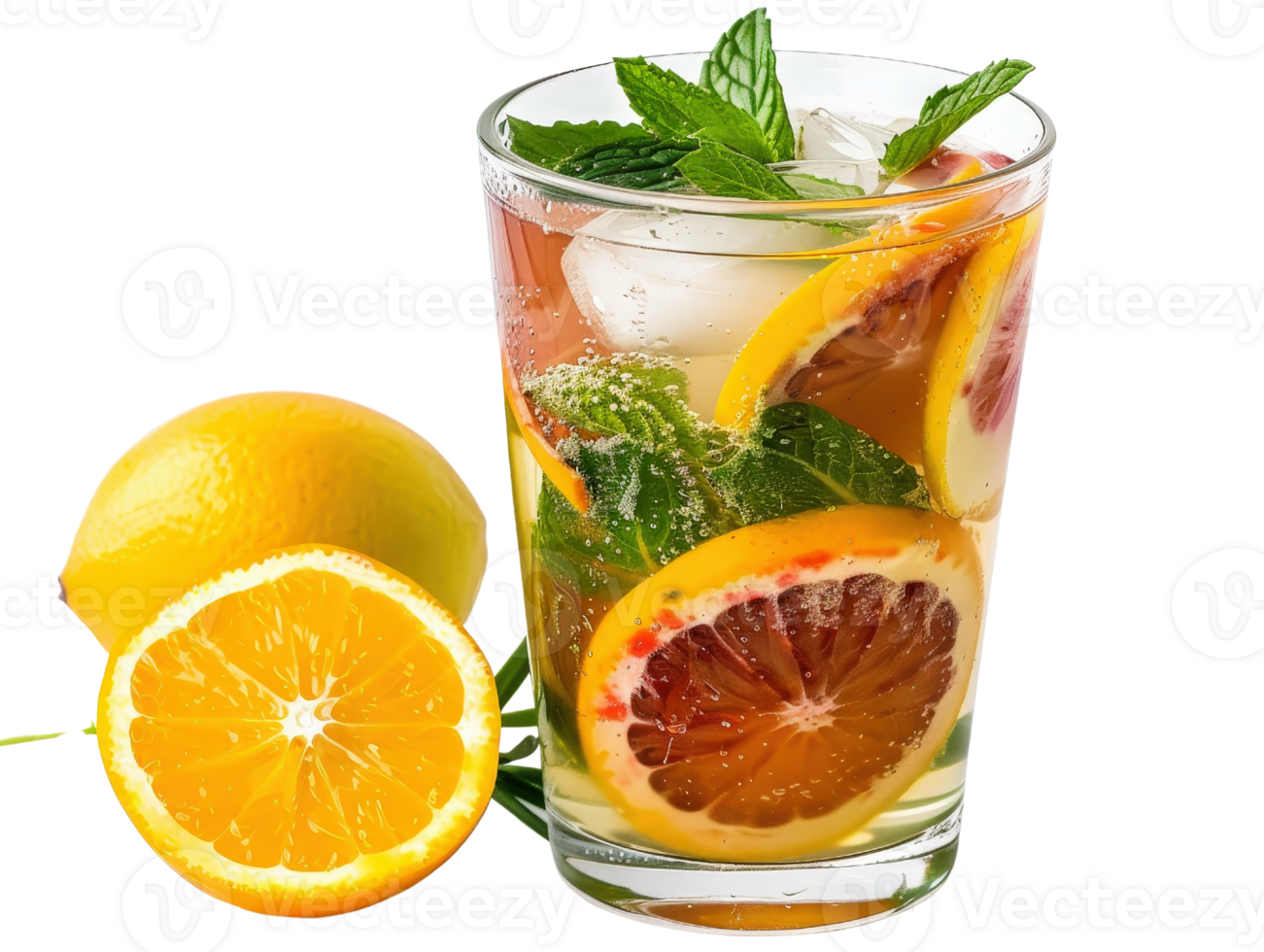 Refreshing Citrus Drink with Fresh Mint and Blood Orange Slices in a Glass Beverage on a White Background png