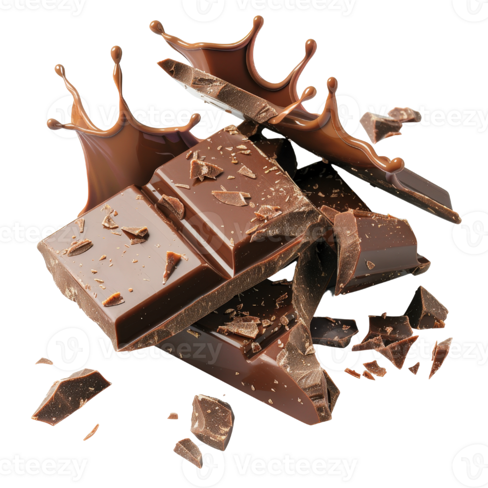 Delicious dark chocolate pieces with splashes of melted chocolate creating a tempting dessert scene png