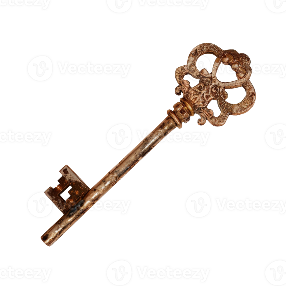 Vintage ornate key with intricate design on a black background for antique and historical themes in photography png