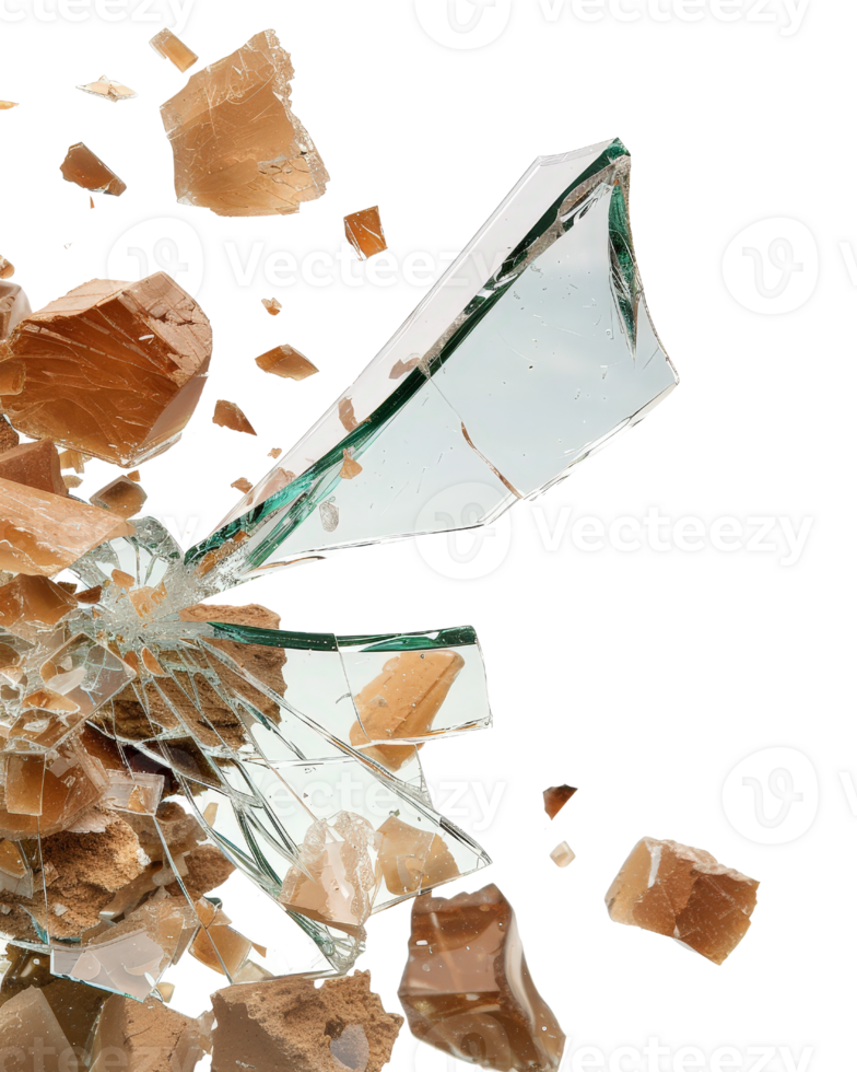 Shattered glass pieces exploding dramatically in motion with reflective surfaces and jagged edges on a black backdrop png