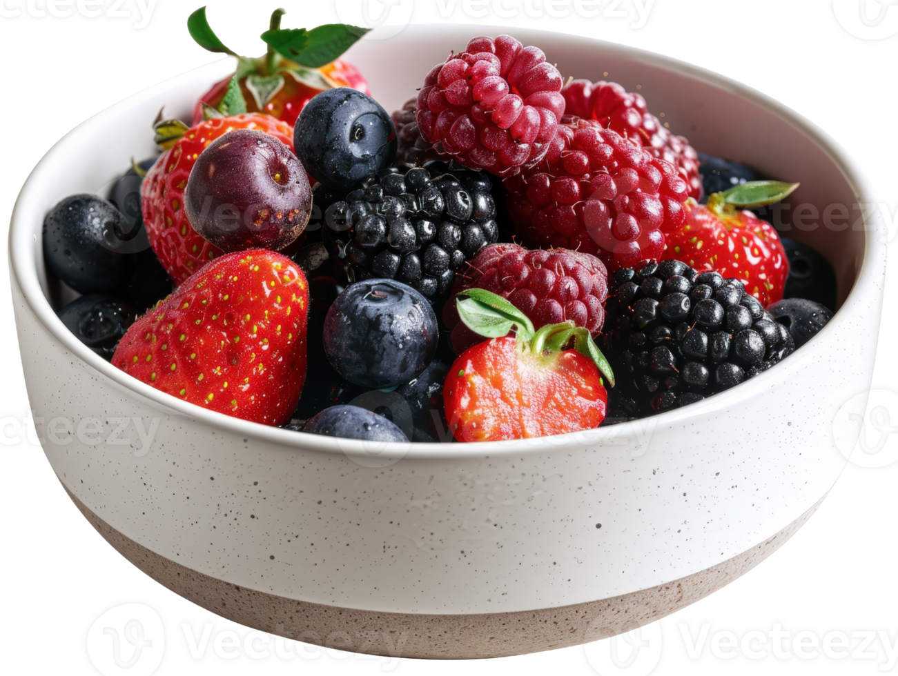 Fresh and Vibrant Assortment of Mixed Berries in a White Bowl Against a Bright Background png