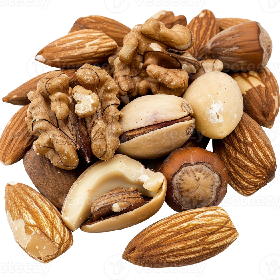 Assortment of Nuts Including Almonds, Walnuts, Pistachios, Hazelnuts and More on a White Background Perfect for Healthy Snacking png