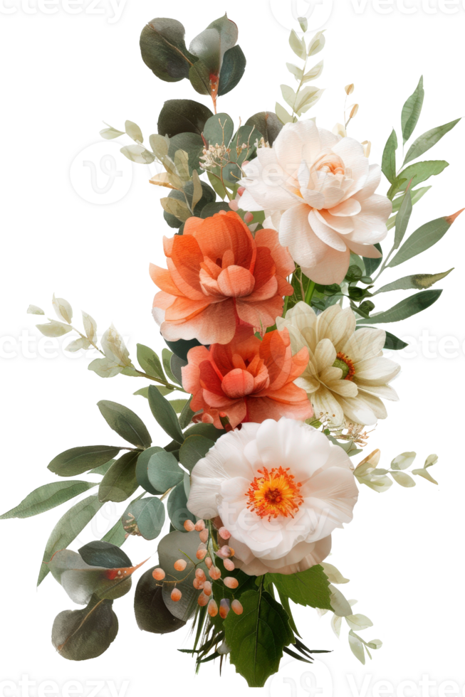 Elegant Floral Arrangement with Peonies, Roses, and Greenery on White Background for Decoration and Design png
