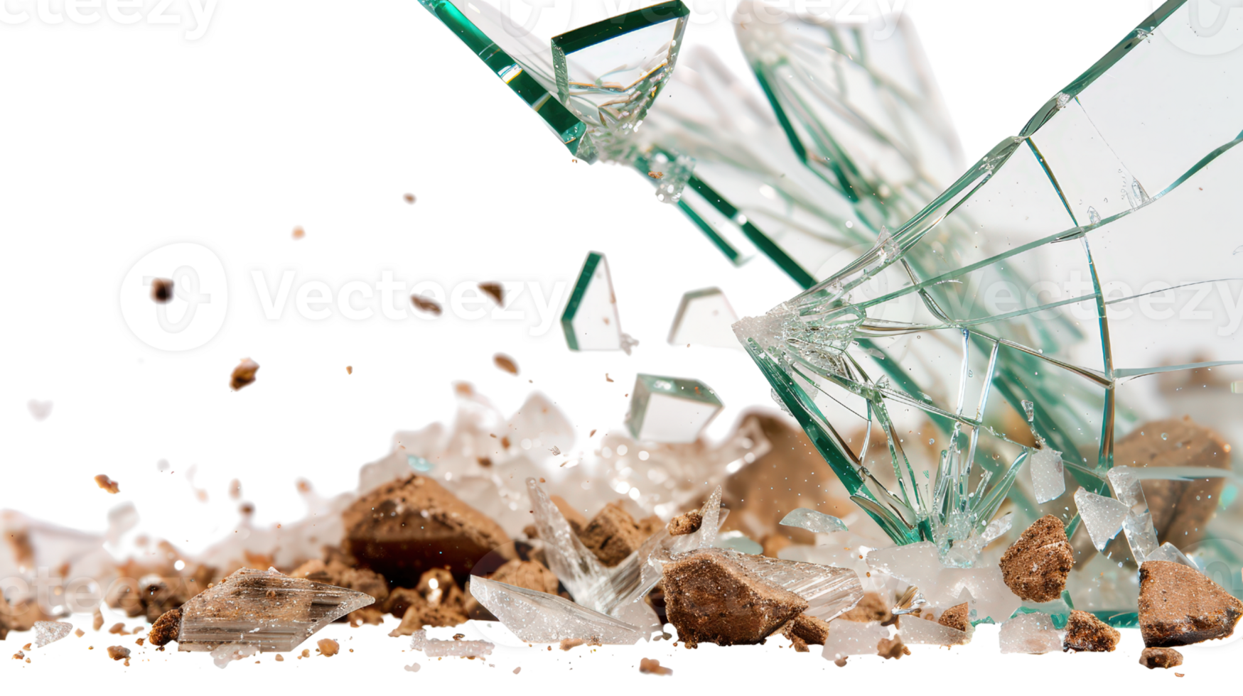 Broken glass scattering on ground with sharp shards and debris in a chaotic arrangement on a dark background png