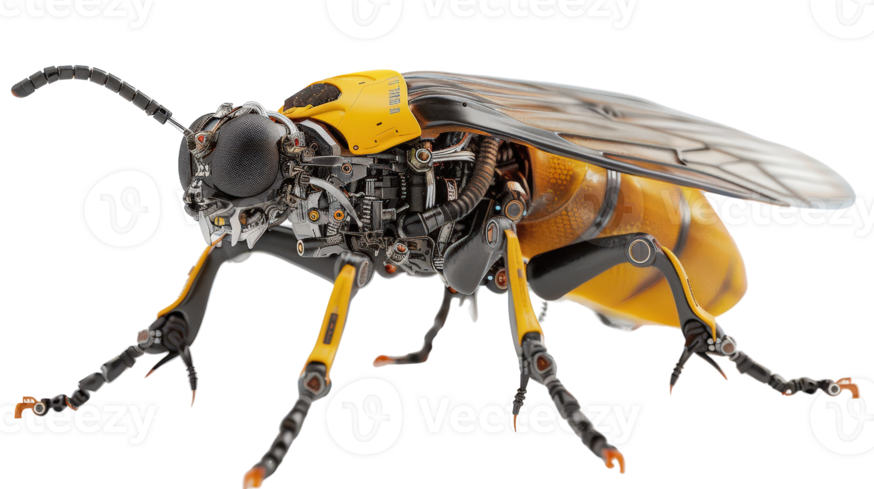 Detailed Close-Up of a Futuristic Mechanical Bee with Intricate Internal Components and Vibrant Yellow Exoskeleton png