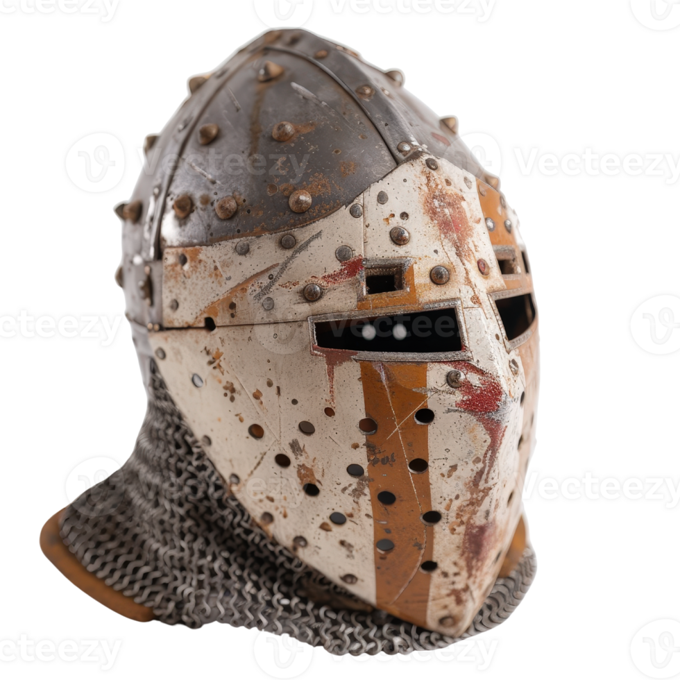 Vintage Knight Helmet with Spikes and Chainmail Detail, Unique Medieval Armor Piece in Distressed Finish png