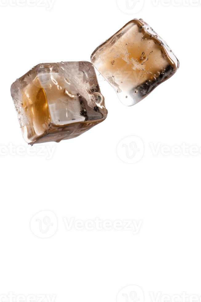 Two ice cubes with whiskey splash creating dynamic movement on an isolated background for a drink concept image png