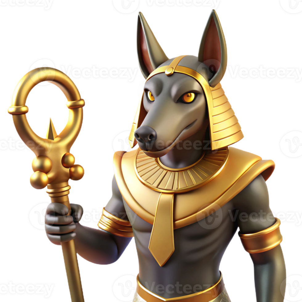 dramatic classic A fierce Anubis, with a jackal head and regal attire, holding a golden ankh. Art style Ancient Egyptian high resolution png