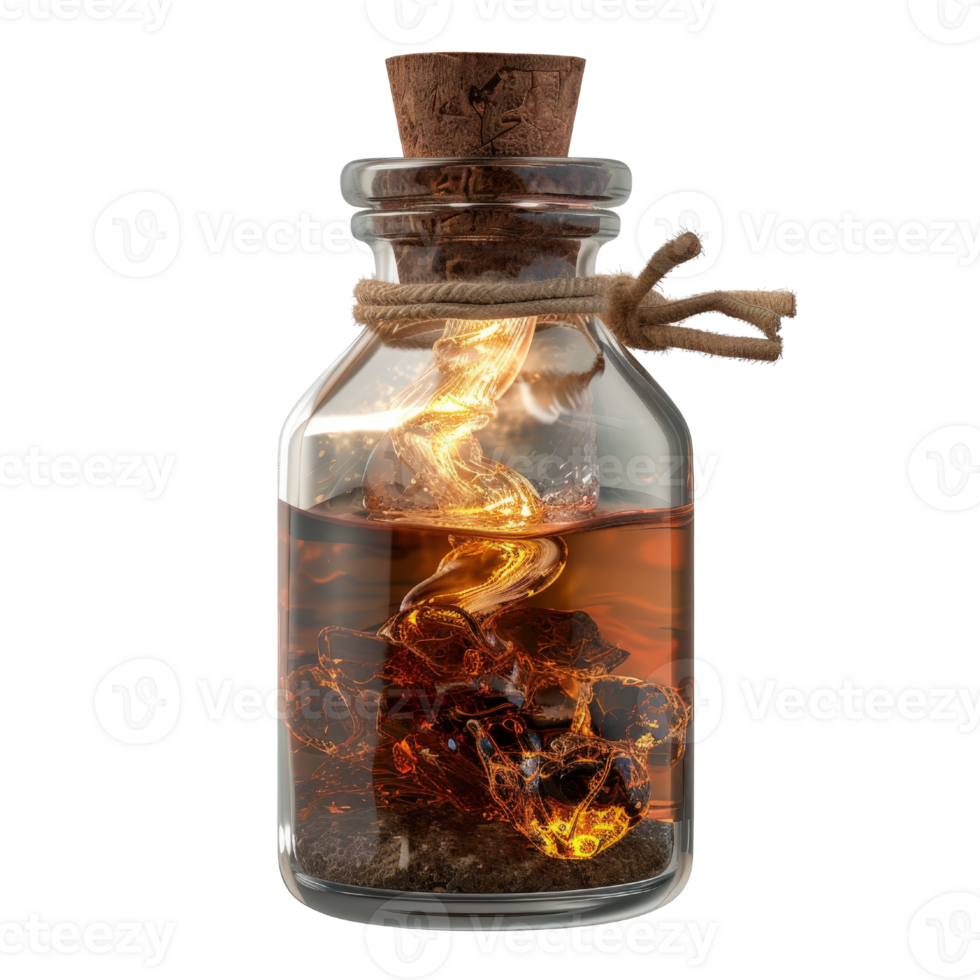 Enchanting Glass Bottle with Magical Swirling Liquid and Crystals, Captivating Decorative Element for Various Themes png