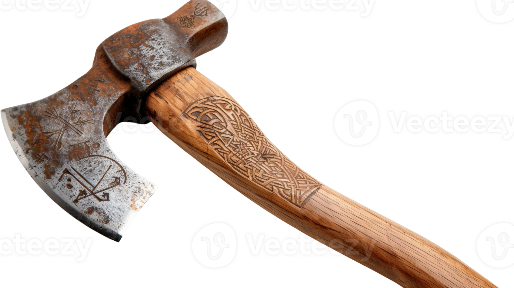 Rustic Handcrafted Ax with Intricate Designs on Wooden Handle and Weathered Steel Blade for Camping and Logging Activities png