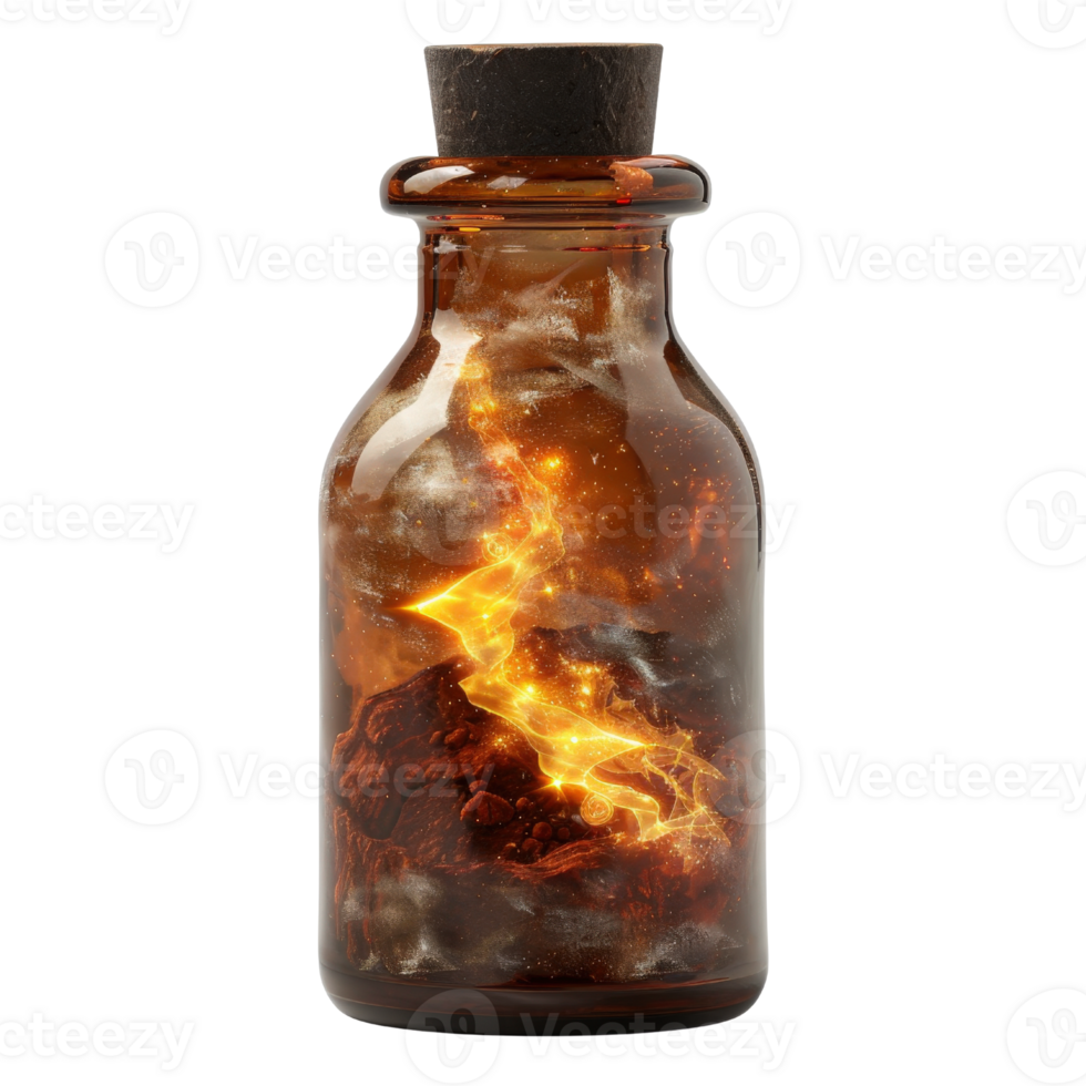 Glass bottle with swirling fire and smoke, mystical liquid, fantasy concept, isolated on white background png