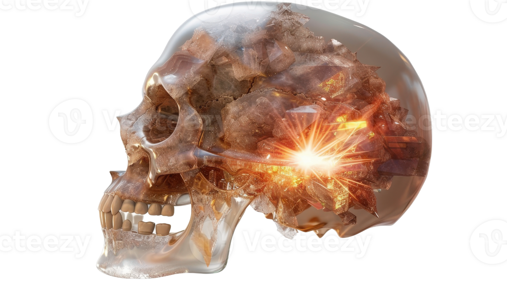 Abstract Human Skull with Crystal Texture and Bright Light Burst, Artistic Representation of Inner Thoughts and Ideas png