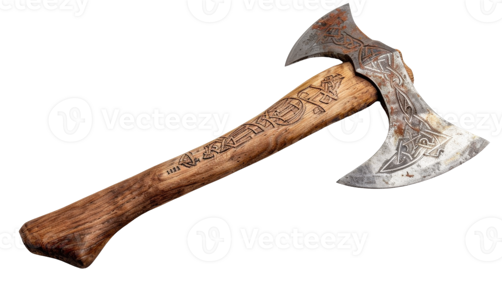 Ornate double-bladed axe with wooden handle featuring intricate engravings and vintage design, isolated on white background png