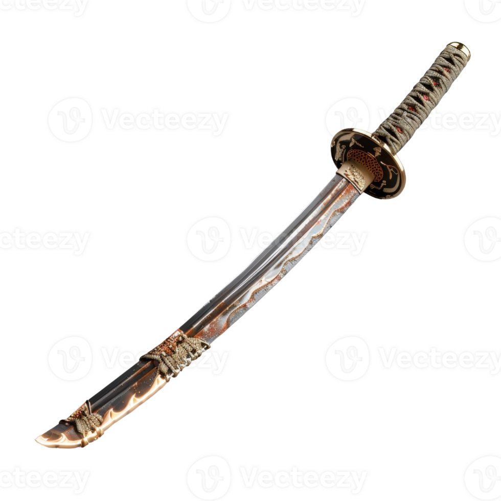 Exquisite Traditional Japanese Katana Sword with Intricate Detailing and Unique Blade Design on a White Background png
