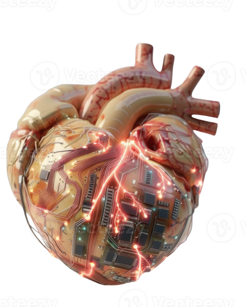 Futuristic Heart Design Merging Biological and Technological Elements with Circuitry and Glow Effects for Creative Projects png
