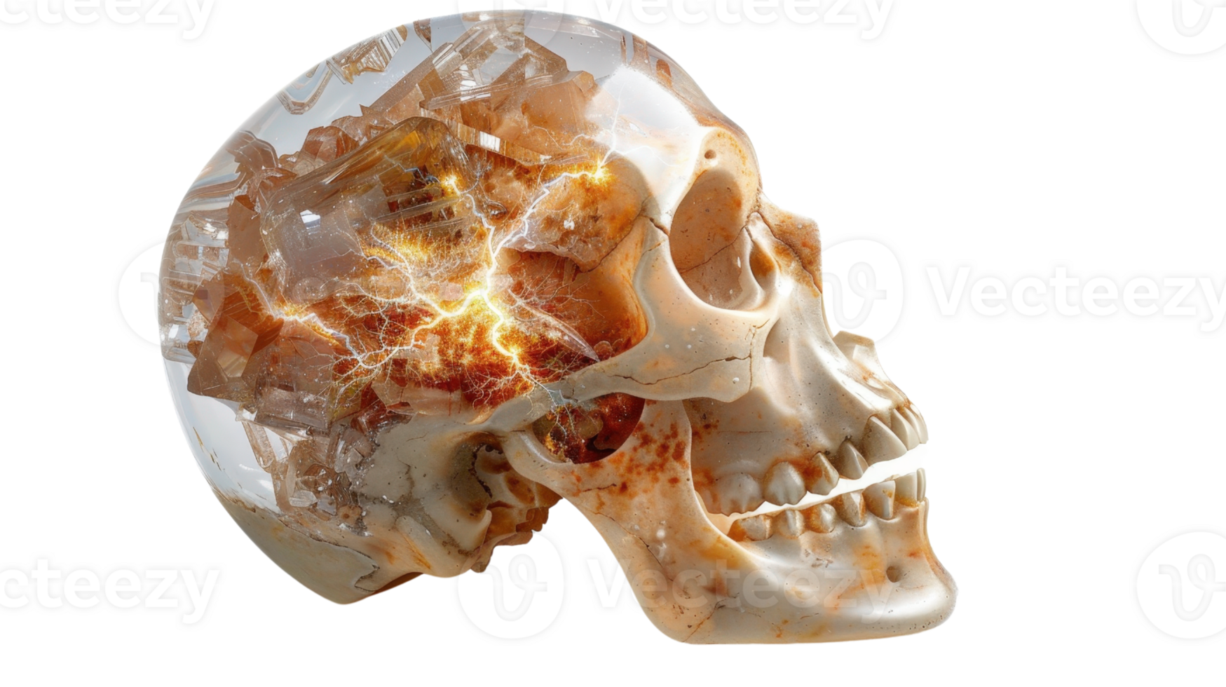 Human Skull with Energetic Crystals and Electric Sparks Demonstrating a Unique Concept of Life and Energy Exchange png