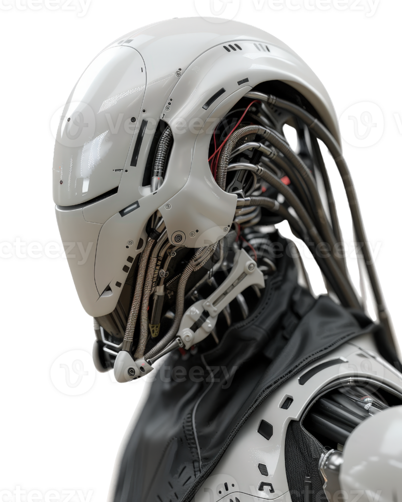 Futuristic humanoid robot with intricate design and exposed mechanical features, showcasing advanced technology and innovation png