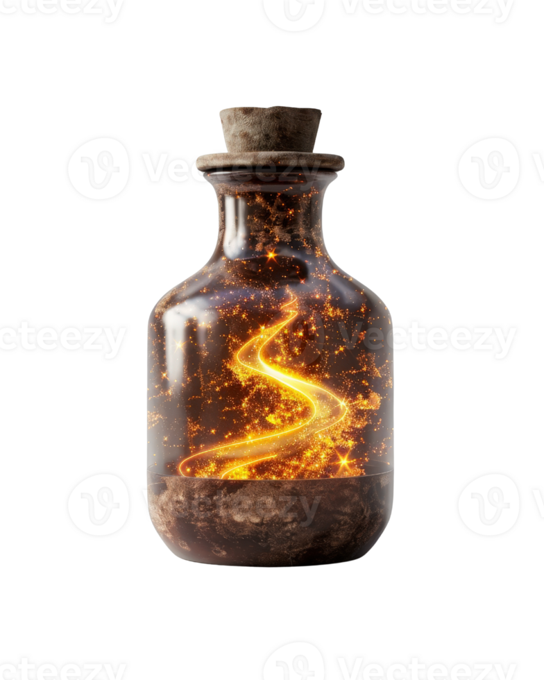 Enchanted Potion Bottle with Glowing Swirls and Sparkles Captured in a Magical Glass Container png