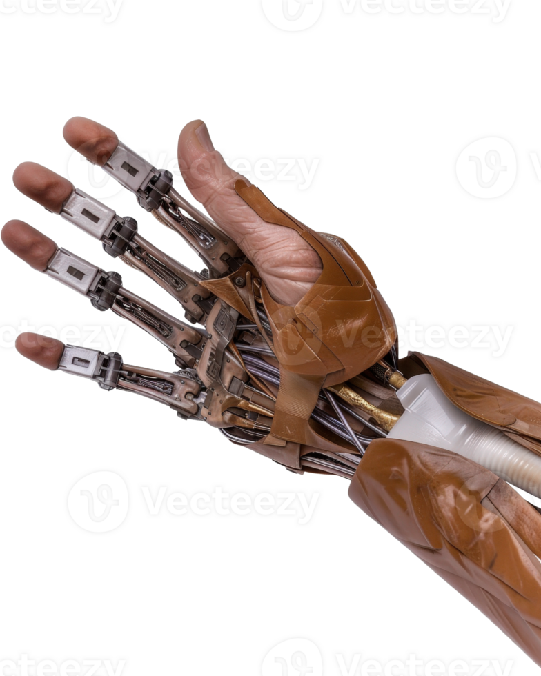 Robotic prosthetic hand with intricate mechanics and realistic texture, showcasing advanced technology and design elements png